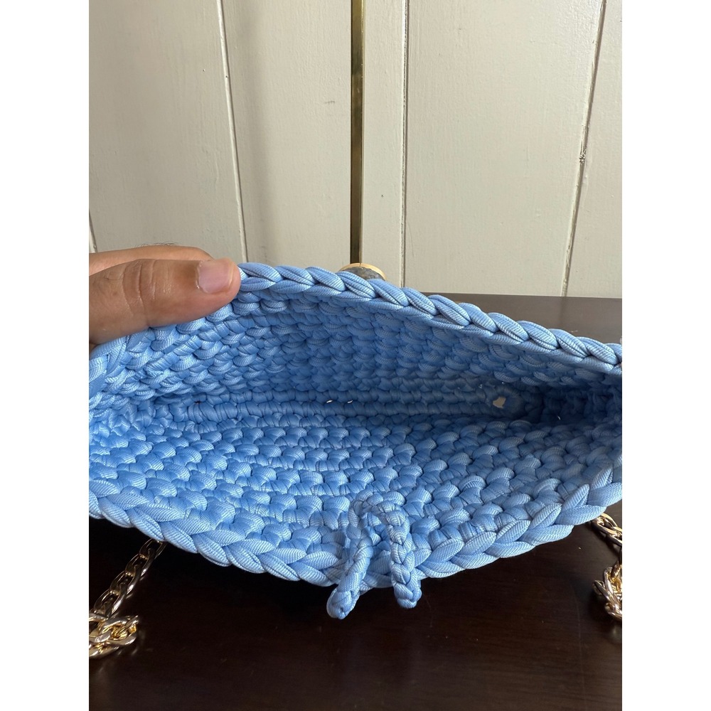 Crochet Shoulder Bag‎ Women's Light Blue Knit Purse with Gold Chain Strap Clutch - Picture 6 of 11